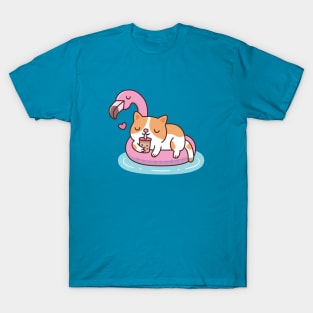 Cute Cat Drinking Bubble Tea And Chilling On Flamingo Pool Float T-Shirt